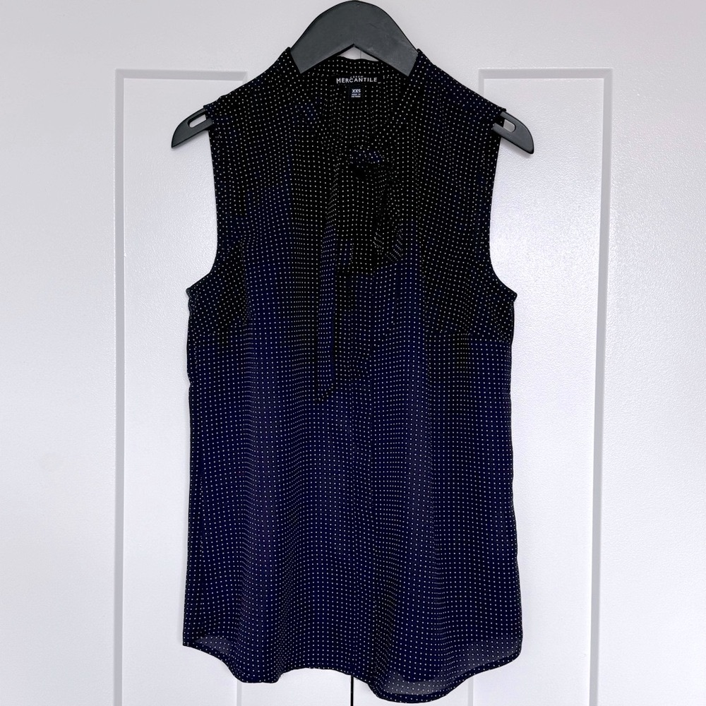 J. Crew Navy Pin-dot tie-neck sleeveless blouse, XXS Good used condition